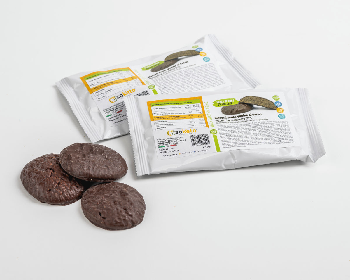 Biscotti KETO SENZA GLUTINE CACAO ricoperti cioccolato 0% zuccheri