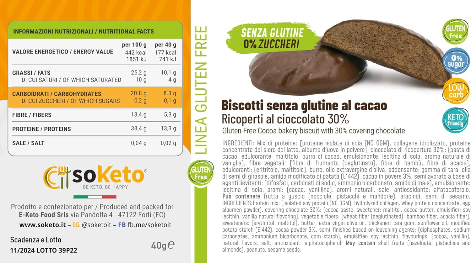 Biscotti KETO SENZA GLUTINE CACAO ricoperti cioccolato 0% zuccheri