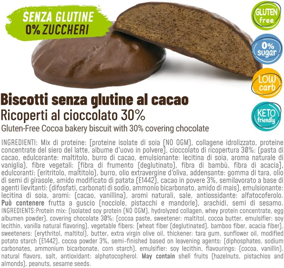 GLUTEN FREE cocoa biscuits covered in chocolate 0% sugar